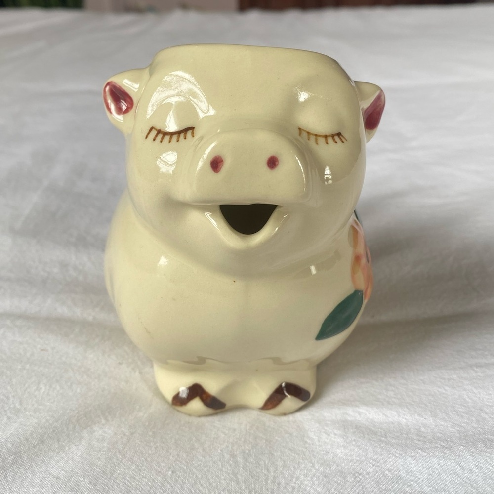 Vintage Shawnee Pottery Smiley Pig Creamer Pitcher Peach Flower USA 1950's